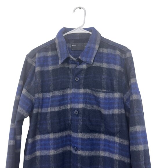 ASOS Design Mens Navy & Gray Plaid Button-Up Flannel Shirt Jackets Size Small - Picture 8 of 10